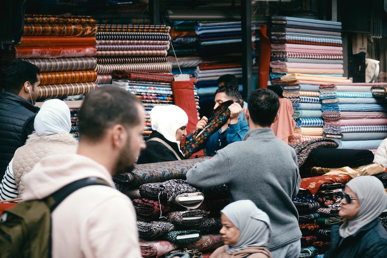 Textile market with colourful fabrics